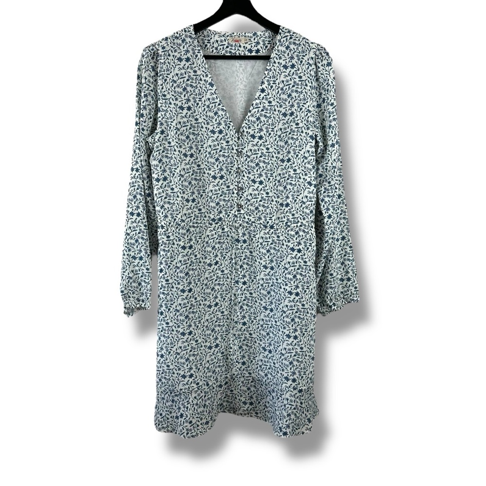 Faherty Size S Long Sleeve Silk Midi Dress Cream Blue Toile Floral Cottagecore
